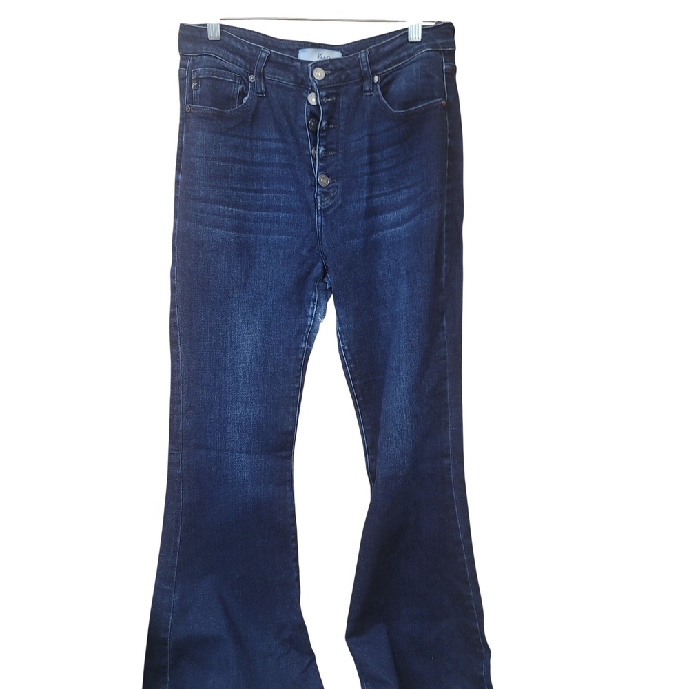 Kancan High Rise Flare Jeans Dark Wash Button Fly Distressed Hem Size 31/13